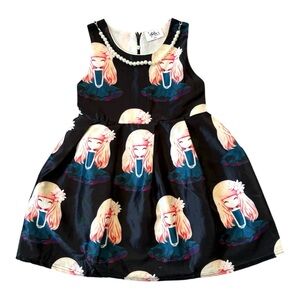 Lola Black-Blue Girl Dress with Anime Cartoon Design & Pearl Necklace 8-9